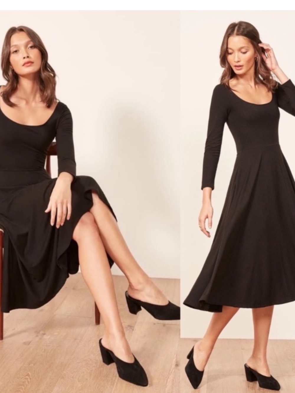 Reformation Lou Midi Dress Black Long Sleeve S